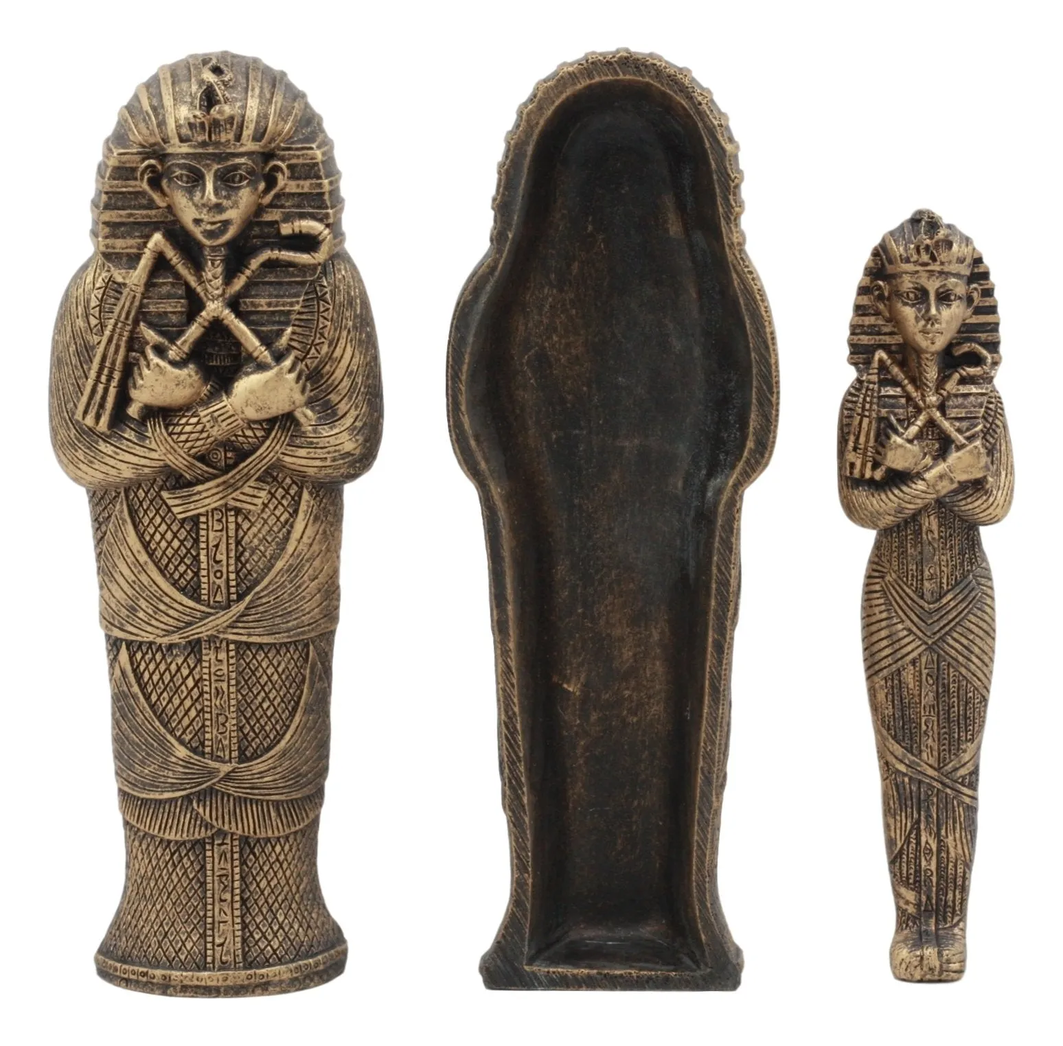 Ebros Bronze Finish Small Ancient Egyptian Pharaoh King TUT Sarcophagus with Mummy Insert Artifact Relic Statue 5.5" Long 3 Piece Set