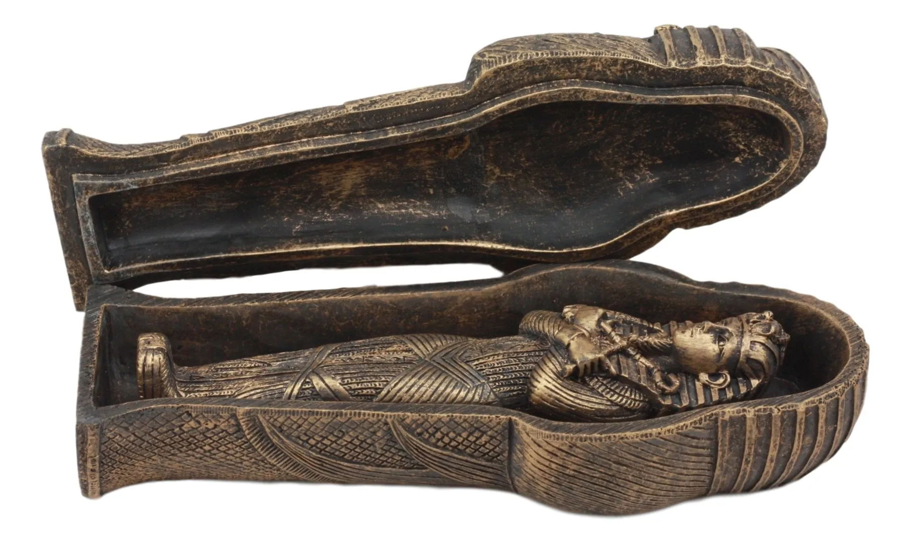 Ebros Bronze Finish Small Ancient Egyptian Pharaoh King TUT Sarcophagus with Mummy Insert Artifact Relic Statue 5.5" Long 3 Piece Set