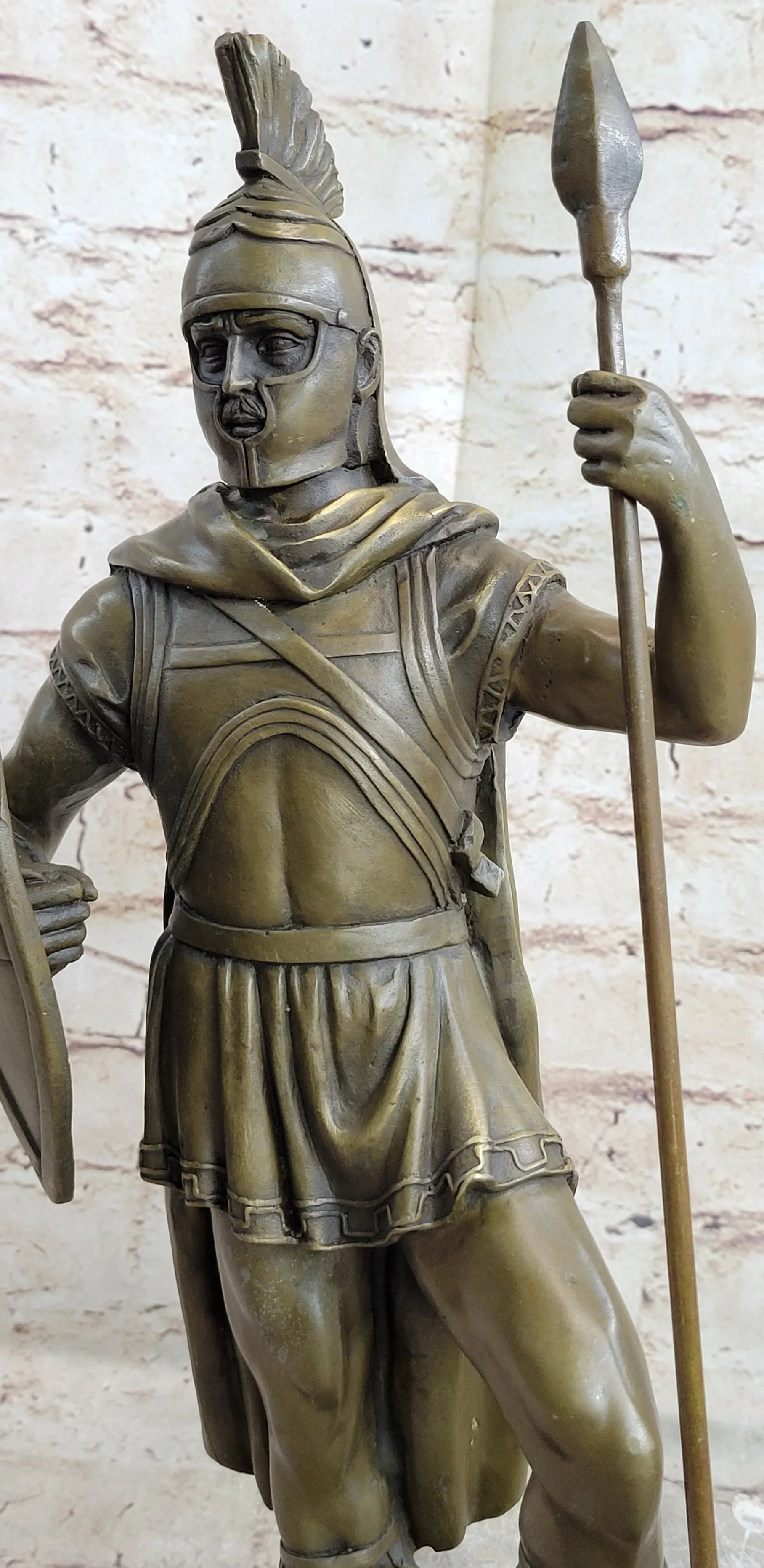 Hand Crafted Roman Warrior W/ Sword and Spear Bronze Marble Sculpture Statue