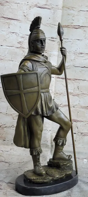 Hand Crafted Roman Warrior W/ Sword and Spear Bronze Marble Sculpture Statue