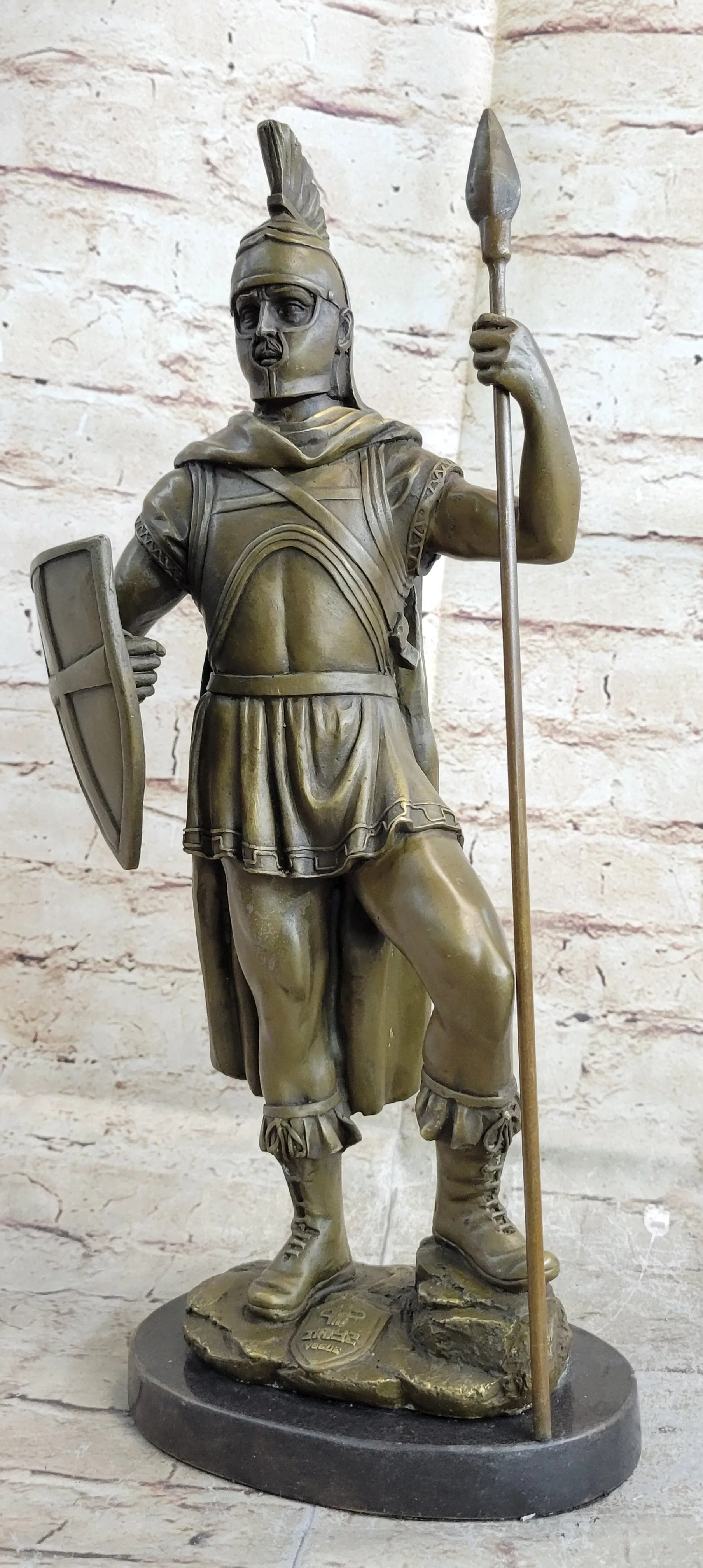 Hand Crafted Roman Warrior W/ Sword and Spear Bronze Marble Sculpture Statue