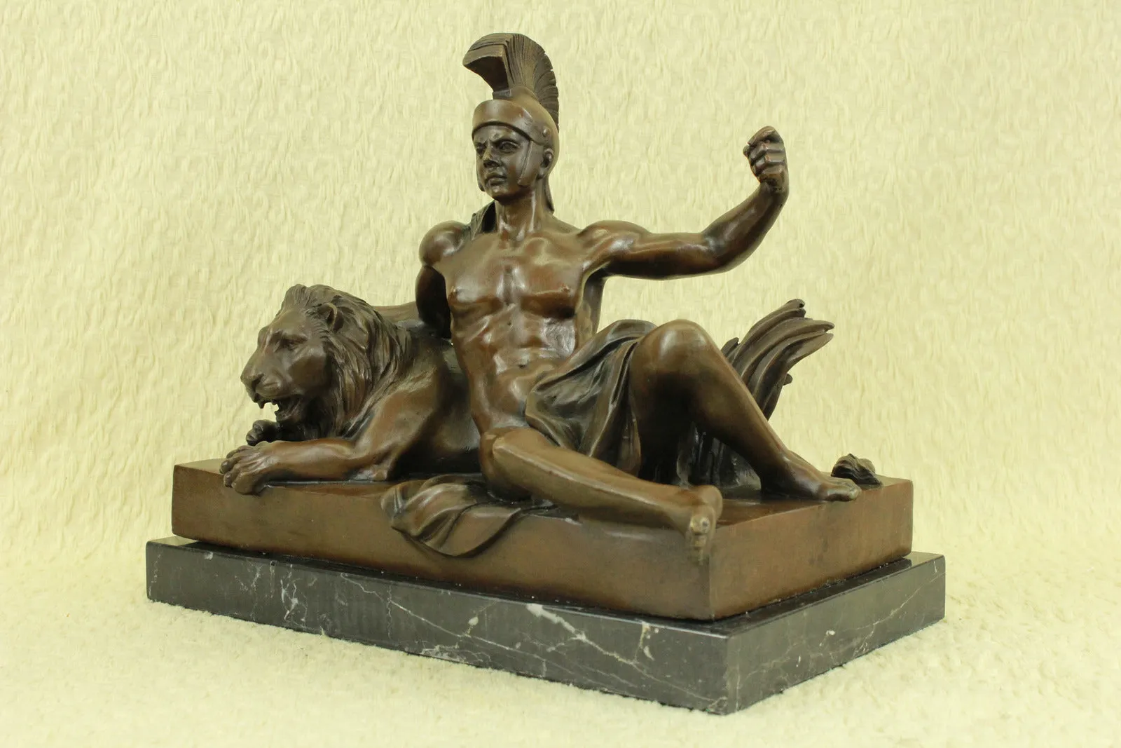 Original Aldo Vitaleh Roman Soldier with A Lion Bronze Sculpture Statue Figurine